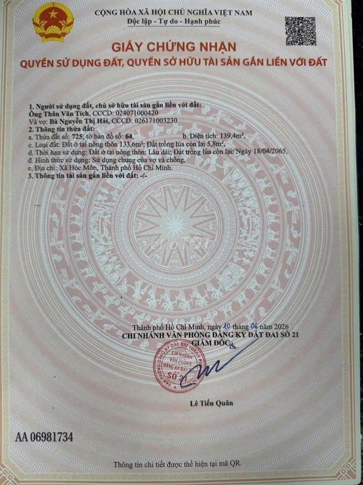 đất tân hiệp cách 90m trường , chợ Hóc môn , công viên