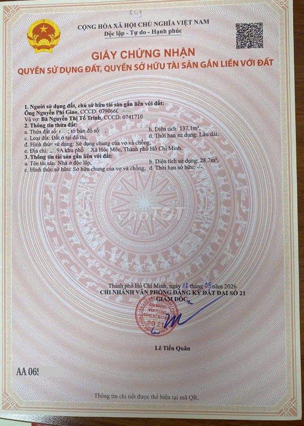 ĐẤT  THỔ CƯ 143M2. TRƯNG NỮ VƯƠNG. HÓC MÔN 