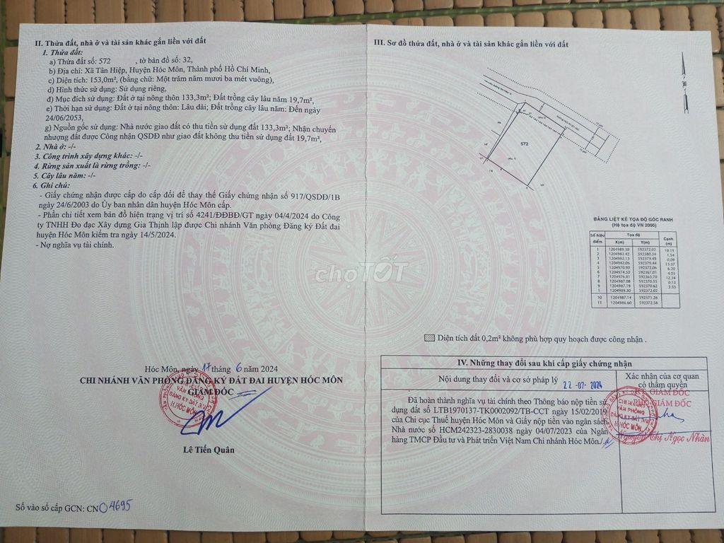 Bán lô đât thổ cư 10x15.3 xã Tân Hiệp. Cách chợ HM 700m, coop DVD 400m