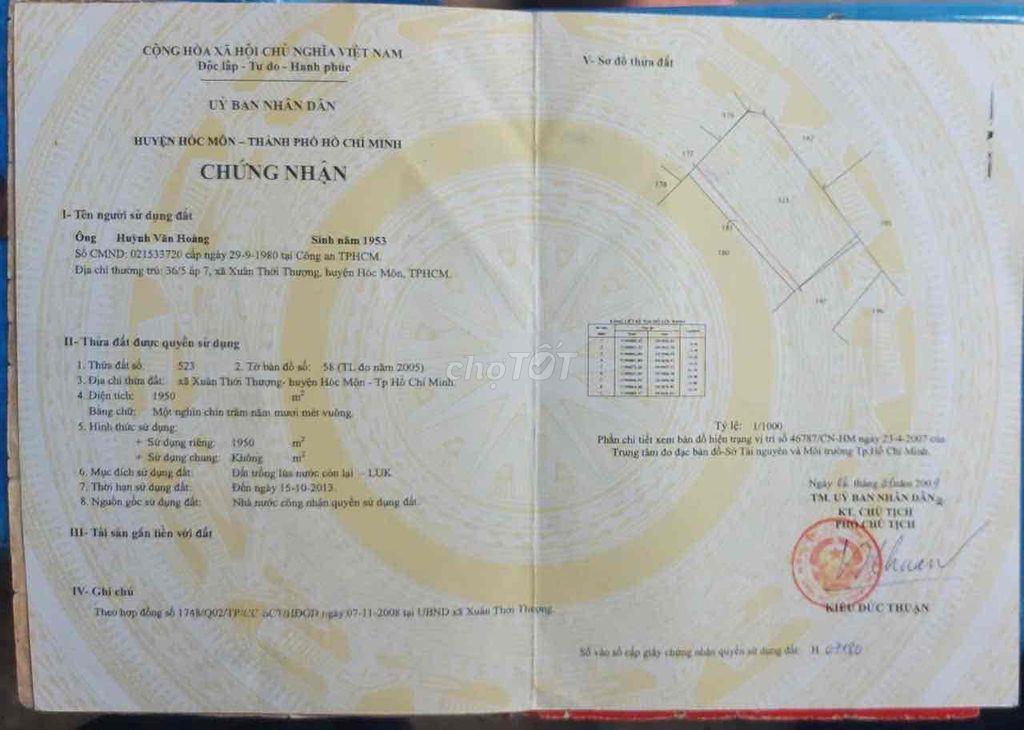 BÁN 1950 M2 ĐẤT NÔNG NGHIỆP, QUY HOẠCH ĐẤT Ở, GIÁ 7,8 tr/m2