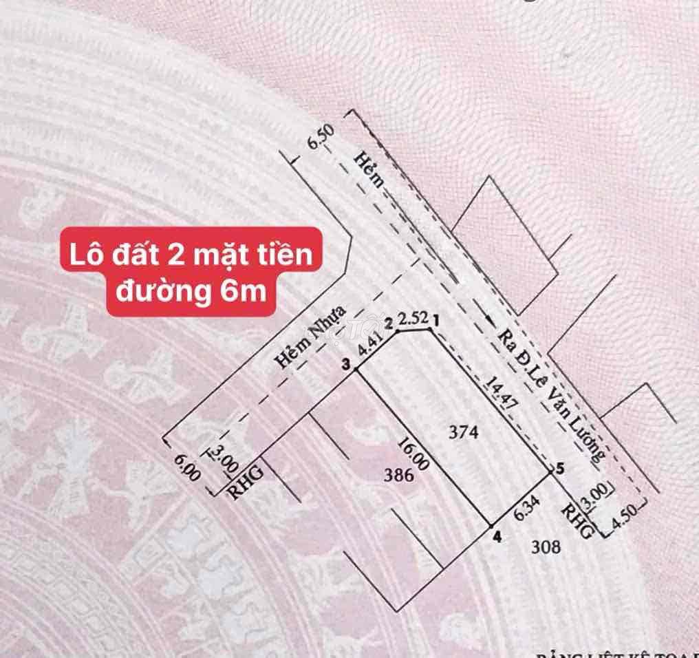 BÁN ĐẤT 2 MT ĐƯỜNG 6M-NGANG 6,2M-CÁCH LÊ VĂN LƯƠNG 100- GIÁ 4,1 TỶ