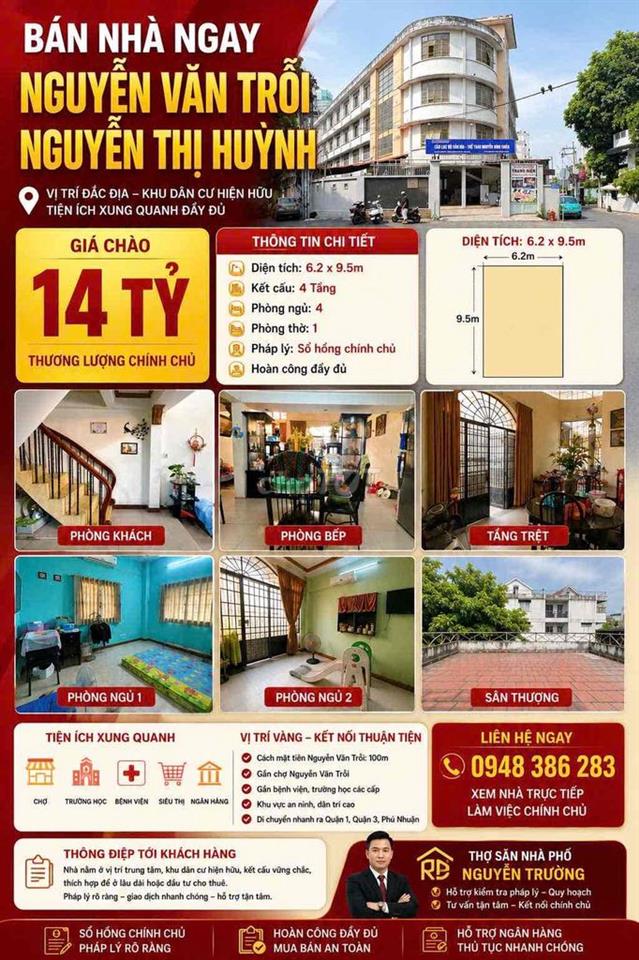 TRUNG TÂM PHÚ NHUẬN, MT ĐƯỜNG NGAY NGUYỄN VĂN TRỐI, 4 TẦNG 4PN CHỈ 14T