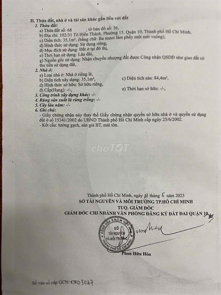 Bán nhà 102/31 Tô Hiến Thành, Phường 15, Quận 10, TPHCM