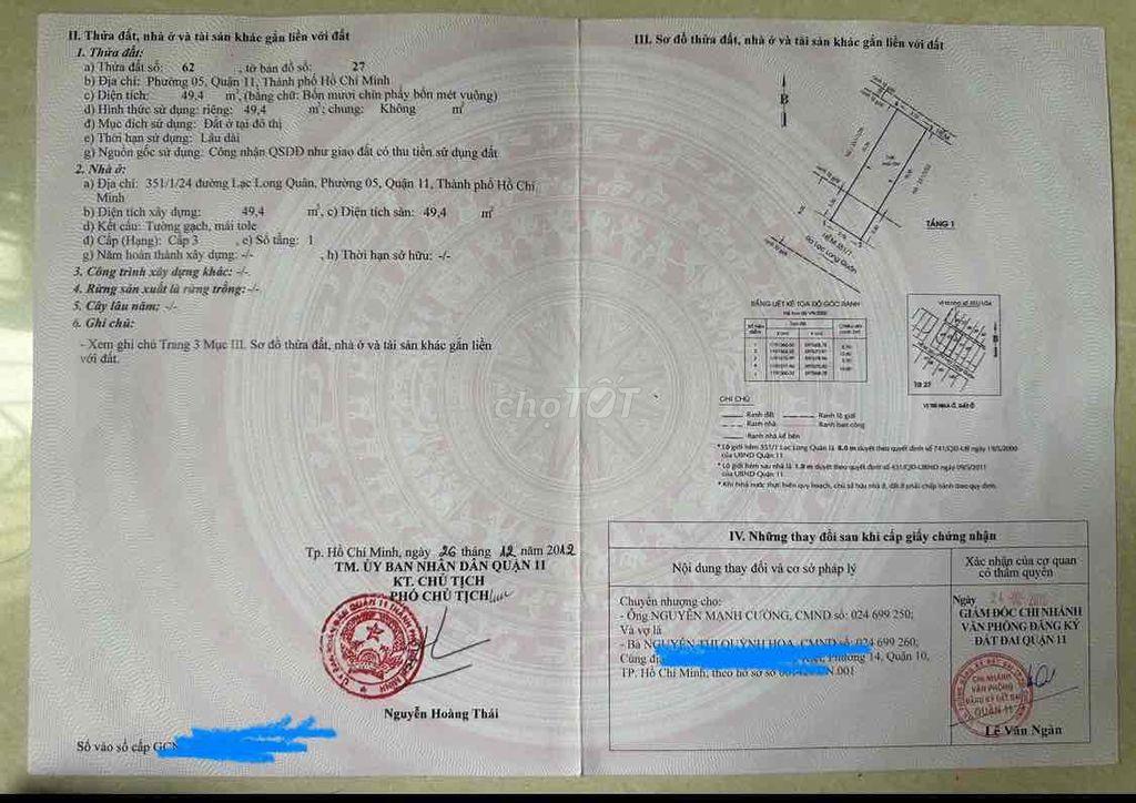 bán nhà 351/1/24 Lạc Long Quân, P5, Q11