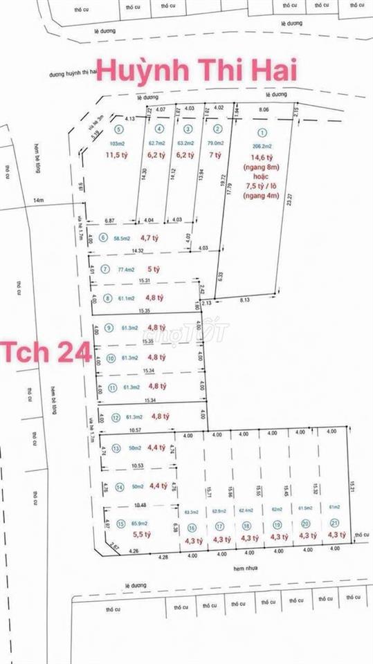 Lô đất 8m x 25m. Mặt Tiền Đường Huỳnh Thị Hai