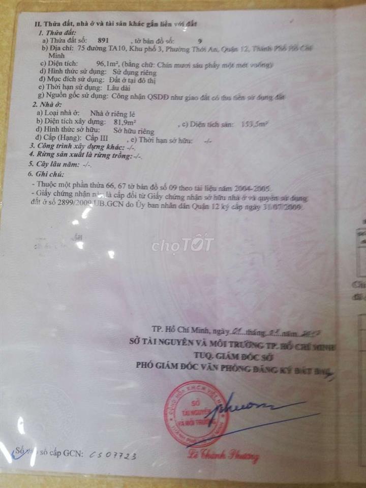 Nhà bán mặt tiền đường TA 10  Phuong Thoi An Q12 dt 120m