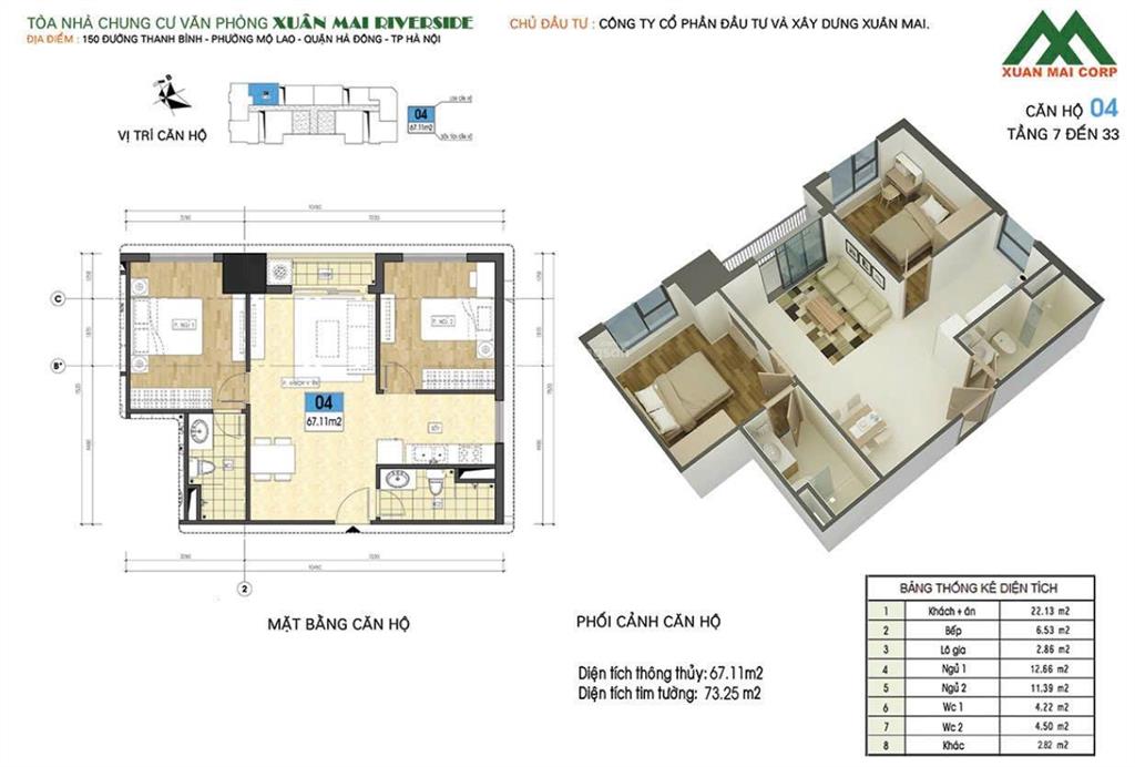 Chính chủ bán căn hộ 67m2 cc xuân mai riverside 2 ngủ 2 wc, tầng đẹp, hướng mát, nội thất đầy đủ.