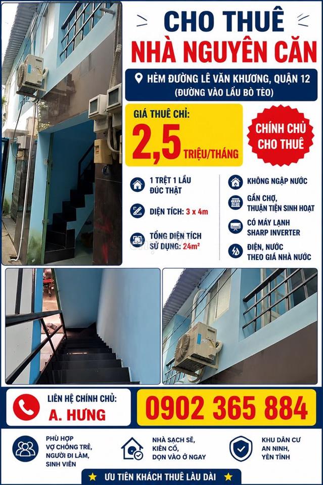 CHO THUÊ NHÀ NGUYÊN CĂN QUẬN 12 – GIÁ CHỈ 2,5 TRIỆU/THÁNG