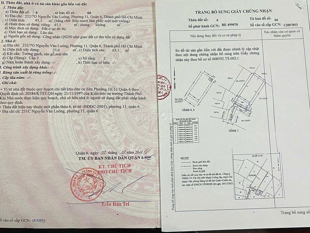 Phí hh 70tr  Bán nhà  232/7g Nguyễn Văn Luông, giáp chung cư him lam
