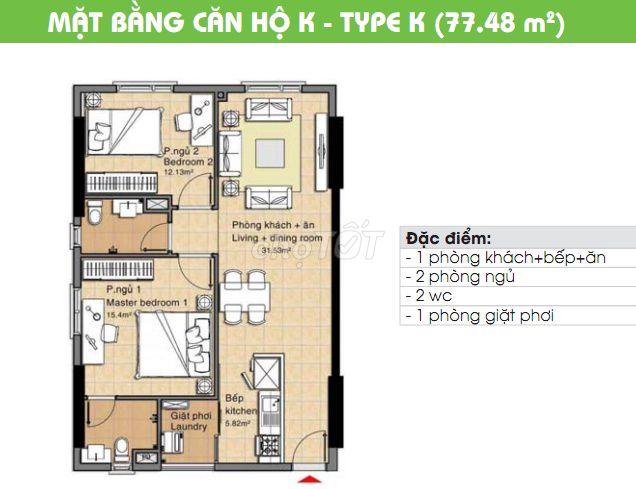 cho thuê căn hộ 77m2, 2pn, 2wc