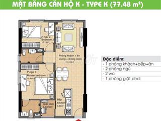 cho thuê căn hộ 77m2, 2pn, 2wc