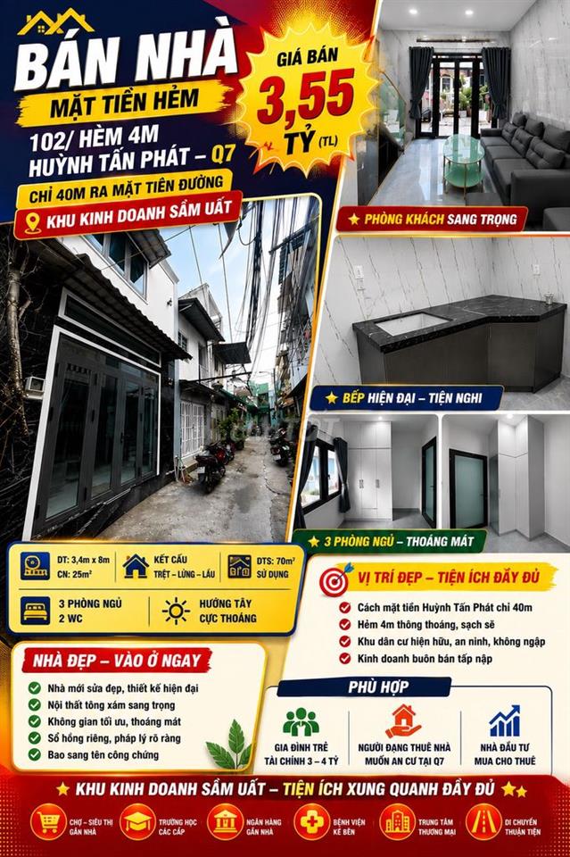 Nhà Huỳnh Tấn Phát Q7 - 3.49 tỷ - Gần mặt tiền, 3PN thích hợp giữ tiền