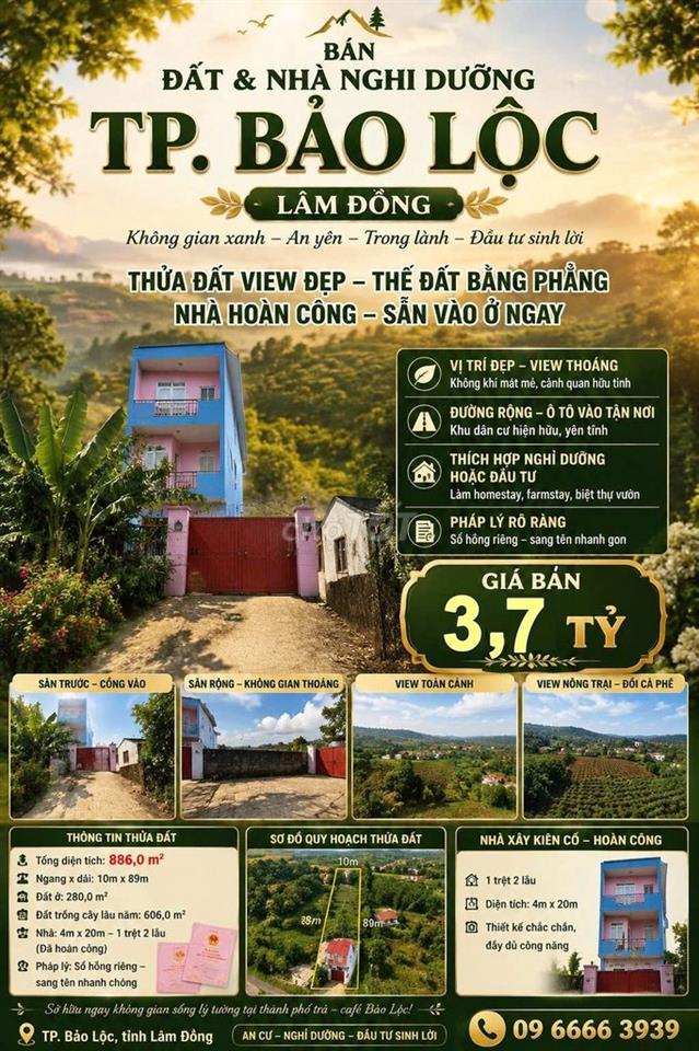 BÁN GẤP  NHÀ + ĐẤT VIEW ĐẸP TP. BẢO LỘC – 886m²