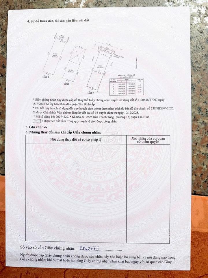 BÁN NHÀ 26/9 Trần Thánh Tông, phường 15,  Quận Tân Bình, Tp HCM..