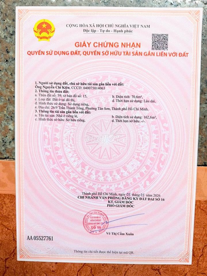 BÁN NHÀ 26/9 Trần Thánh Tông, phường 15,  Quận Tân Bình, Tp HCM..