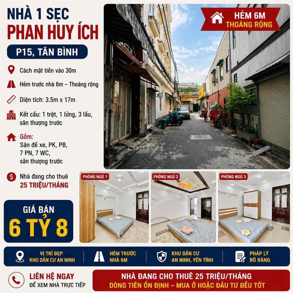 NHÀ 1 SẸC PHAN HUY ÍCH, TÂN BÌNH – HẺM 6M – 7PN – DÒNG TIỀN 25TR/THÁNG