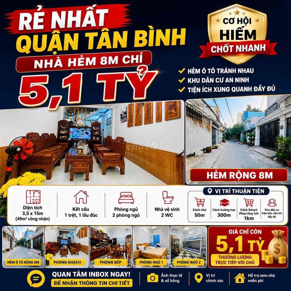 RẺ NHẤT QUẬN TÂN BÌNH - Nhà Hẻm 8m Chỉ 5,1 Tỷ