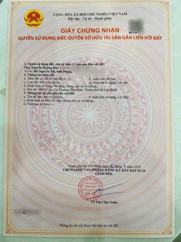 Mình là chủ nhà cần bán rẻ nhà 1006 Âu Cơ để tháng sau bay Mỹ định cu
