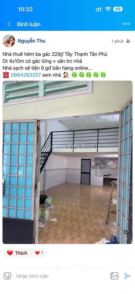 Nhà thuê hẻm ba gác 229// Tây Thạnh Tân Phú  Dt 4x10m có gác lửng + sâ