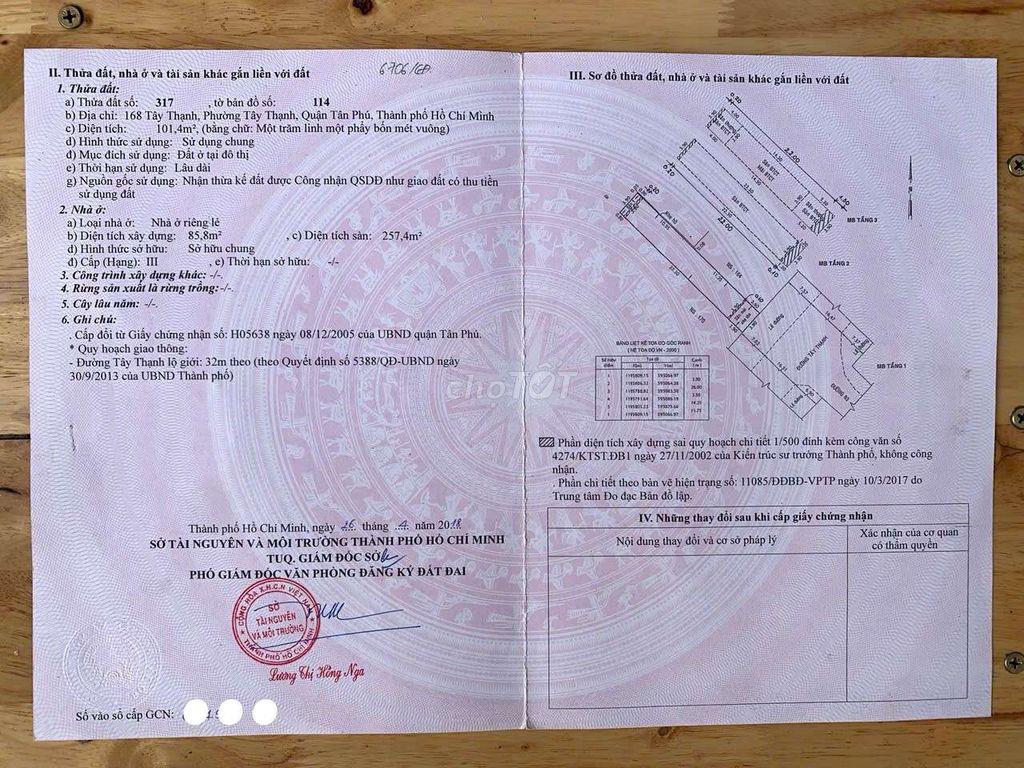 Bán Nhà Mặt Tiền số 168 Đường Tây Thạnh, Phường Tây Thạnh TPHCM