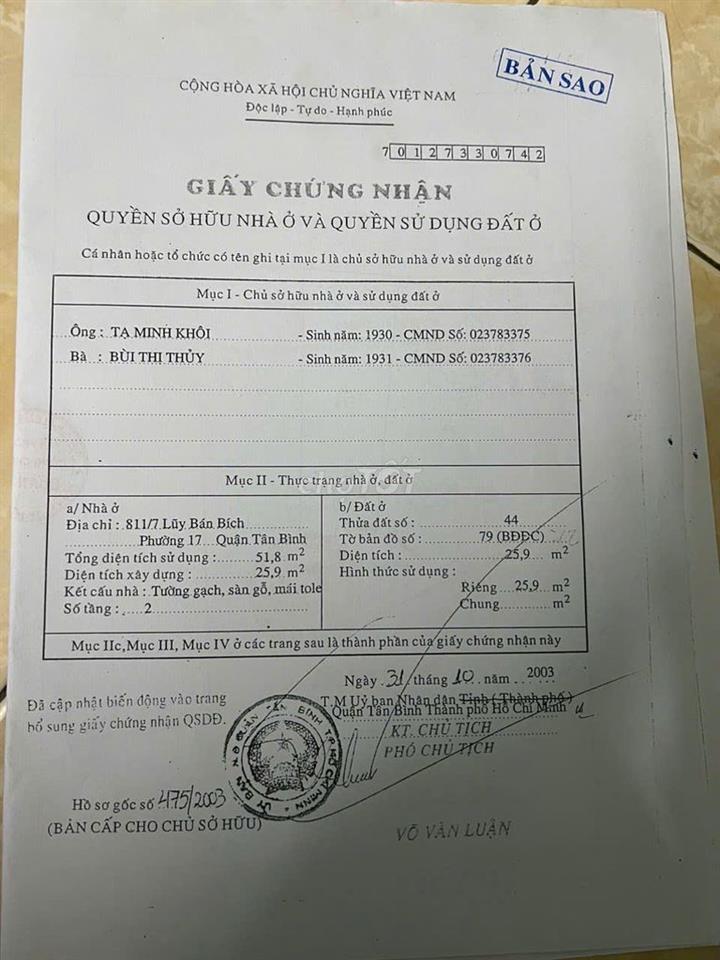 Bán nhà hẻm xe hơi 811/7 Lũy Bán Bích, Phường Tân Thành, Quận Tân Phú
