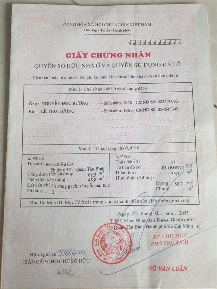 Bán nhà hẻm xe tải Âu Cơ