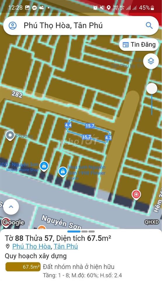 Nhà góc chợ 2MT 264/5 Nguyễn Sơn, Tân Phú, 3 tầng, hướng Đông, 9.8 tỷ