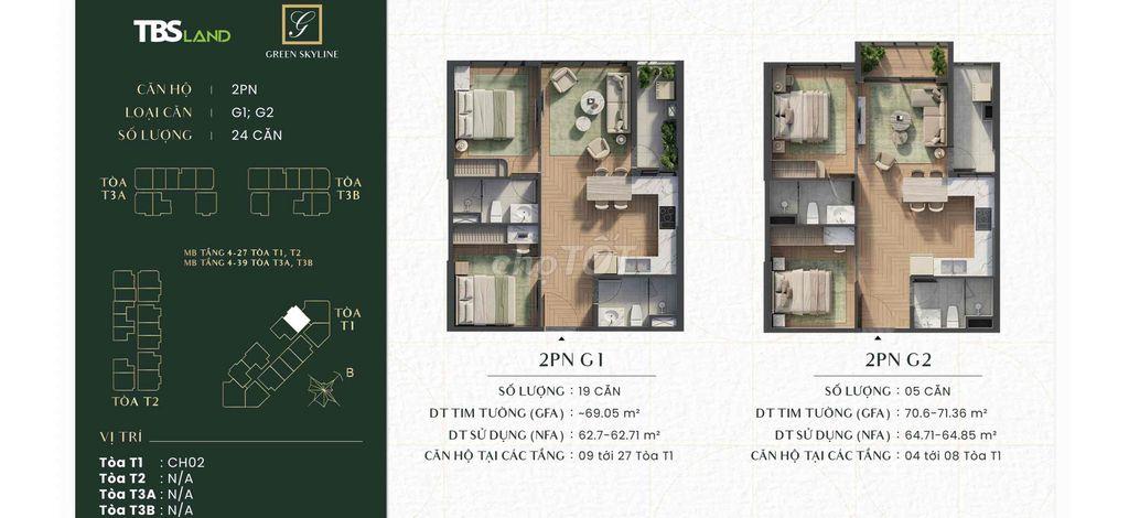 Green Skyline bán 2PN2WC 66m2 view Đông Nam bàn giao full nội thất