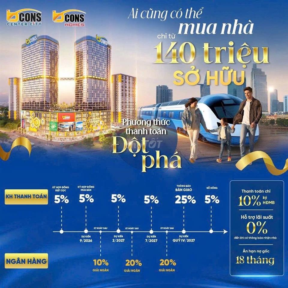Chỉ 2,8 Tỷ - Căn Hộ 2PN+2WC Bcons Center City, Thanh Toán 1%/Tháng