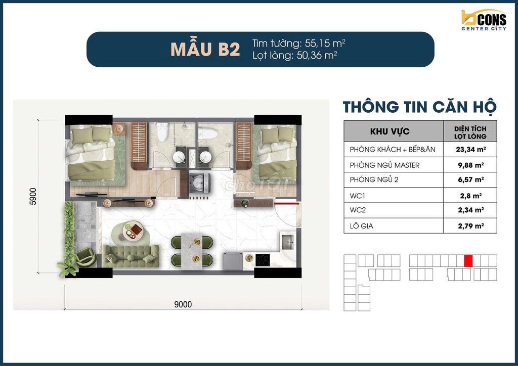 Chỉ 2,8 Tỷ - Căn Hộ 2PN+2WC Bcons Center City, Thanh Toán 1%/Tháng