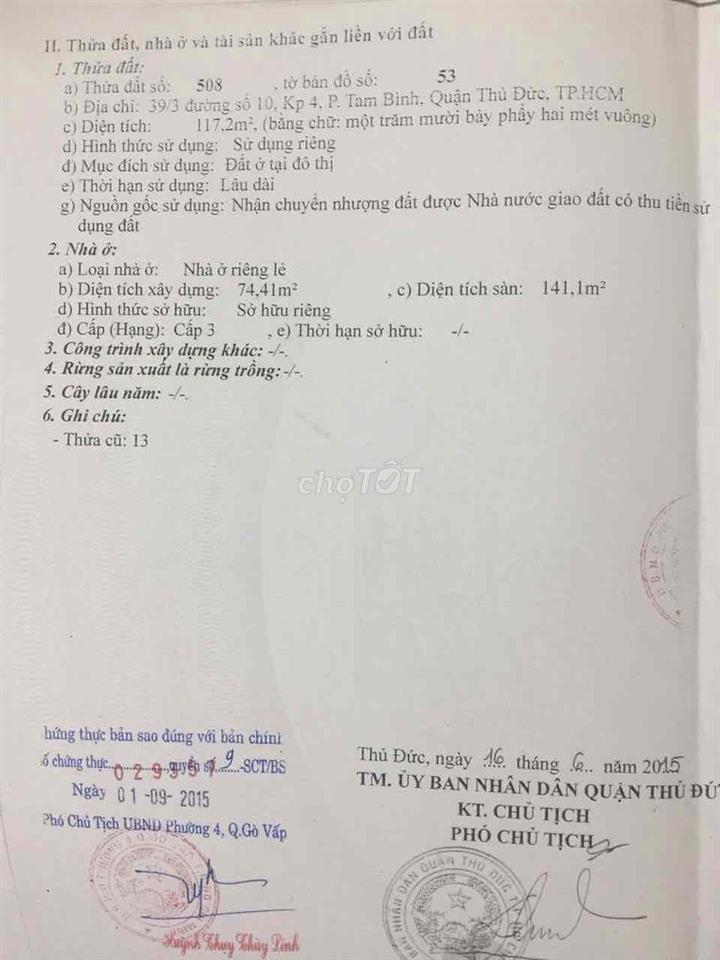 BÁN NHÀ HẺM XE HƠI ĐƯỜNG SỐ 10, Tam Bình, Thủ Đức