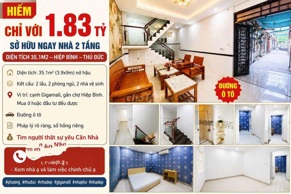 🔰Hiếm Chỉ với 1.83tỷ sở hữu ngay nhà 2 tầng- DT 35.1m2-hiệp bình