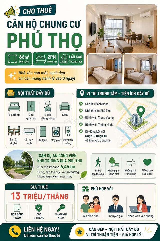 Cho thuê căn hộ 66m2 full nội thất tại Chung cư Phú Thọ, Quận 11