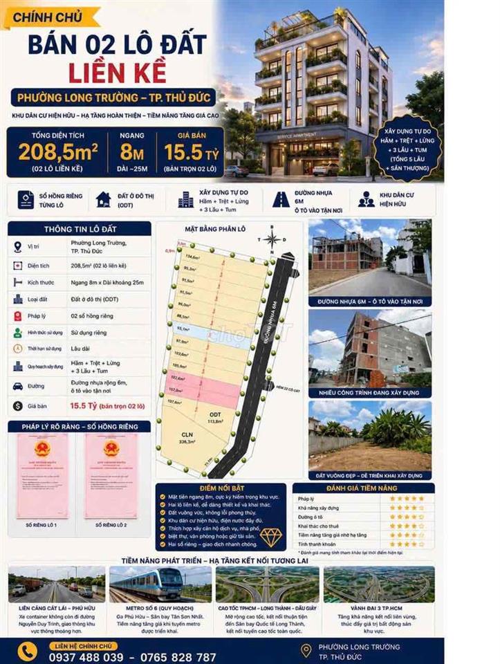 CHÍNH CHỦ CHUYỂN NHƯỢNG LÔ ĐẤT 2 THỬA LIỀN KỀ P.LONG TRƯỜNG