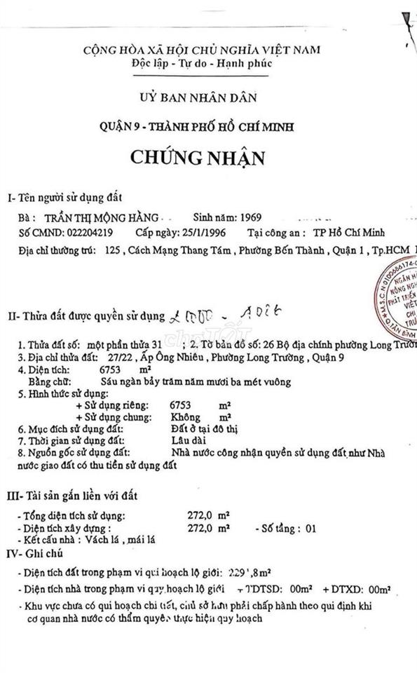 Hàng kín 6.753m đất thổ cư Đường Nguyễn Duy Trinh Thủ Đức Q9 cũ