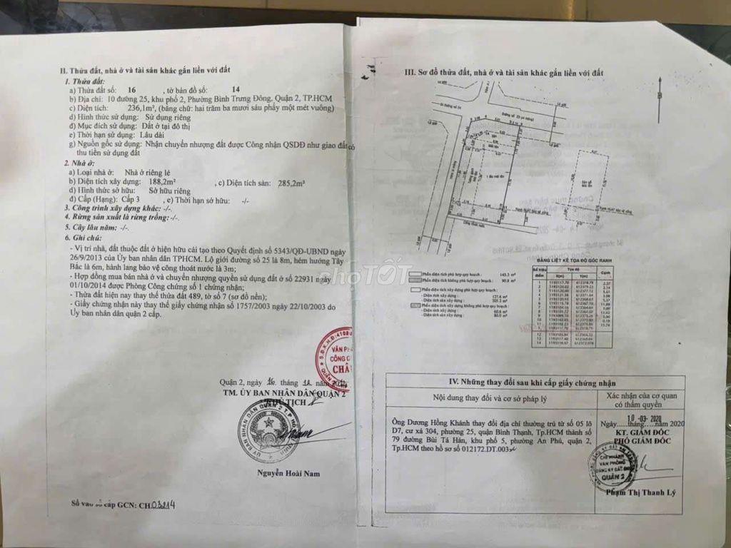 BÁN ĐẤT DIỆN TÍCH KHỦNG 2 MẶT TIỀN 236m2 BÌNH TRƯNG Q2, XD ĐẾN 20 TẦNG