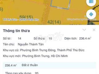BÁN ĐẤT DIỆN TÍCH KHỦNG 2 MẶT TIỀN 236m2 BÌNH TRƯNG Q2, XD ĐẾN 20 TẦNG