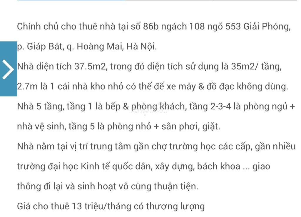 Cho thuê nhà chính chủ