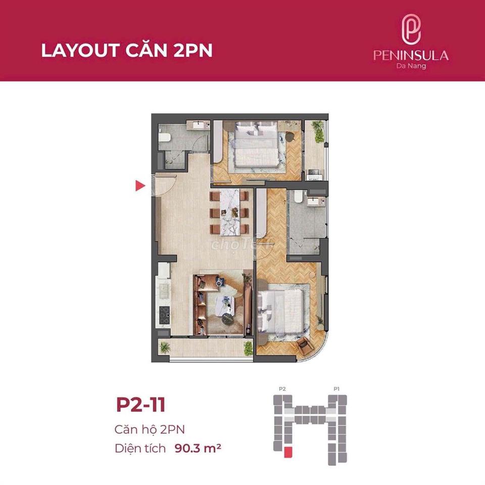 Căn góc 2PN 90,3m2 tầm view cực đẹp, thoáng mát quanh năm