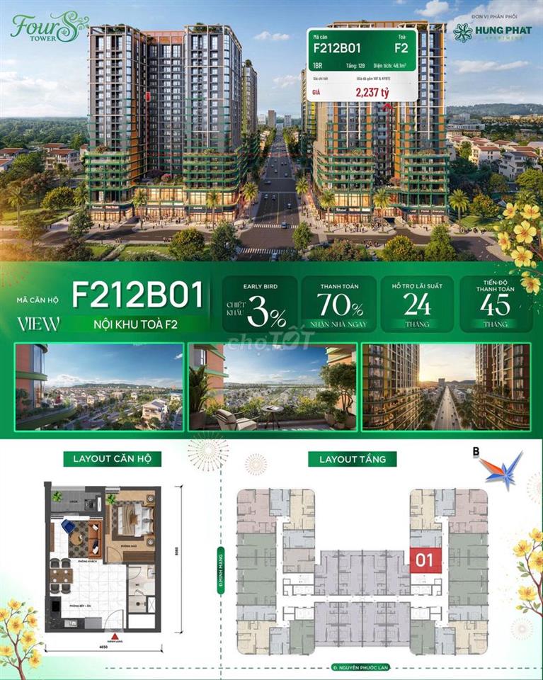 CHỈ 43 TRIỆU/M2 SỞ HỮU CĂN 1PN CAO CẤP TÒA F2 DỰ ÁN FOURS TOWER