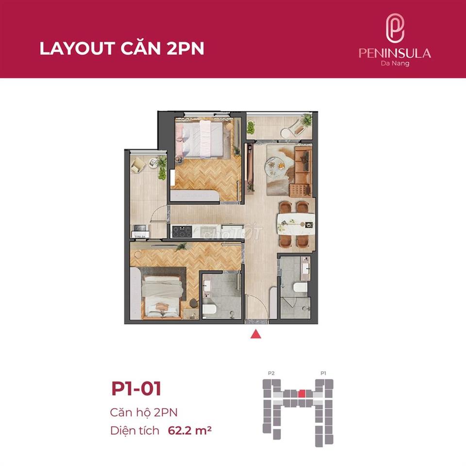 Cần bán căn hộ 2PN 63,6m2, tầng 07 Peninsula Đà Nẵng, mặt sông Hàn
