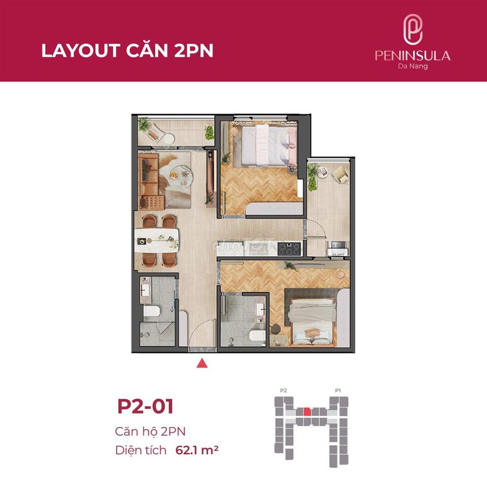 Cần bán căn hộ Peninsula 2 phòg ngủ 62m2 tầg 23, View trực biển Mỹ Khê