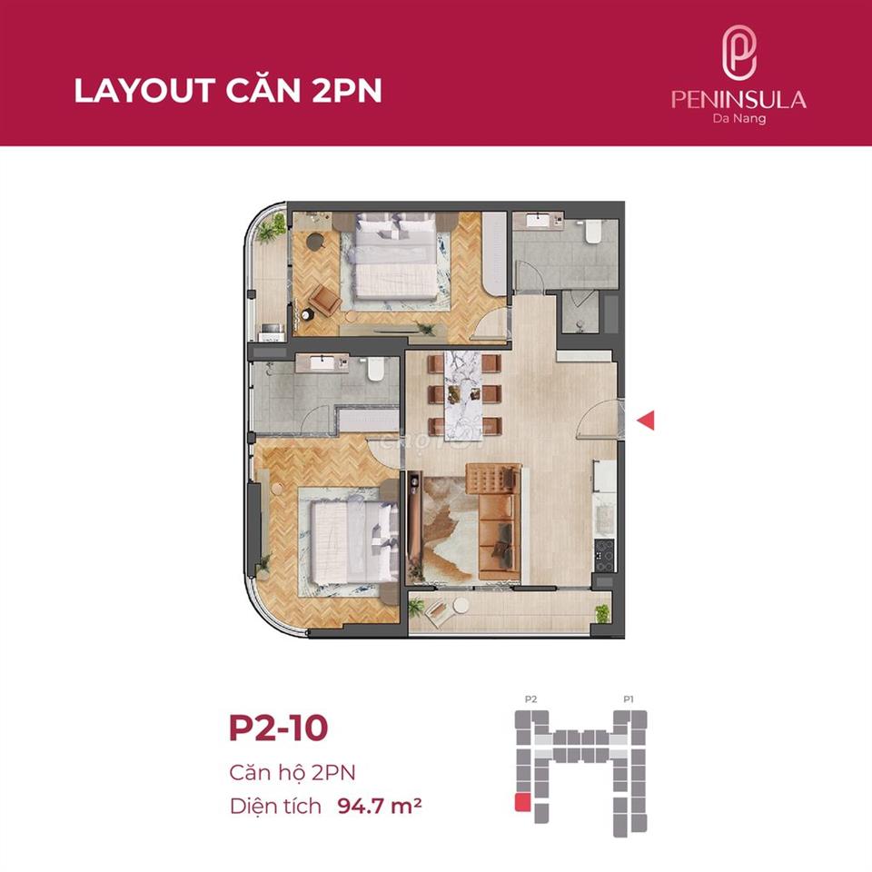 Siêu Phẩm, Cần bán căn hộ 2PN 94.7m2 Peninsula, tầng 12 view Sông Hàn