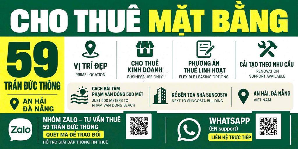 CHO THUÊ MẶT BẰNG 59 TRẦN ĐỨC THÔNG, AN HẢI, ĐÀ NẴNG – GẦN BIỂN