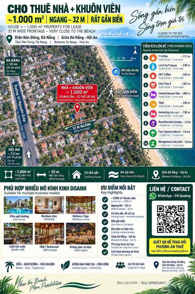 CHO THUÊ NHÀ + KHUÔN VIÊN ~1.000M² GẦN BIỂN – NGANG ~32M