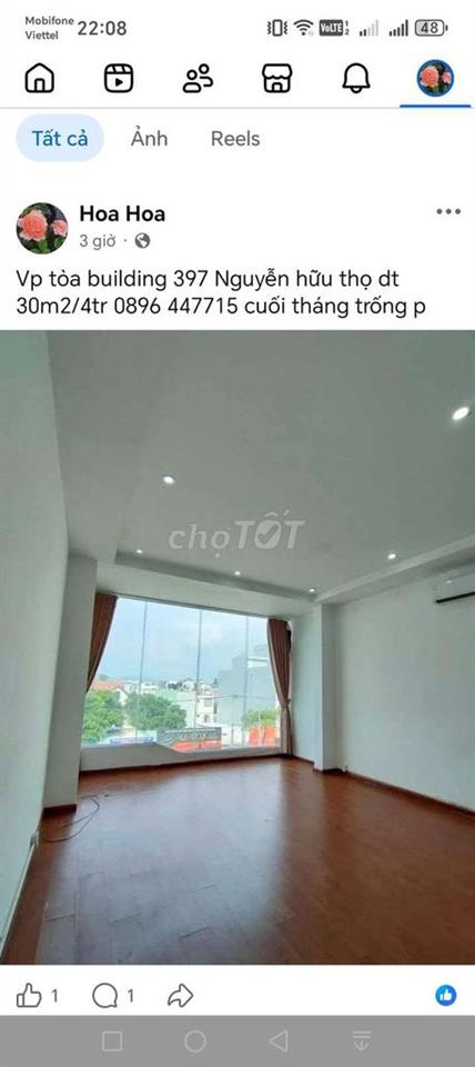 cho thuê văn phòng 397 Nguyễn Hữu Thọ 3tr,4tr