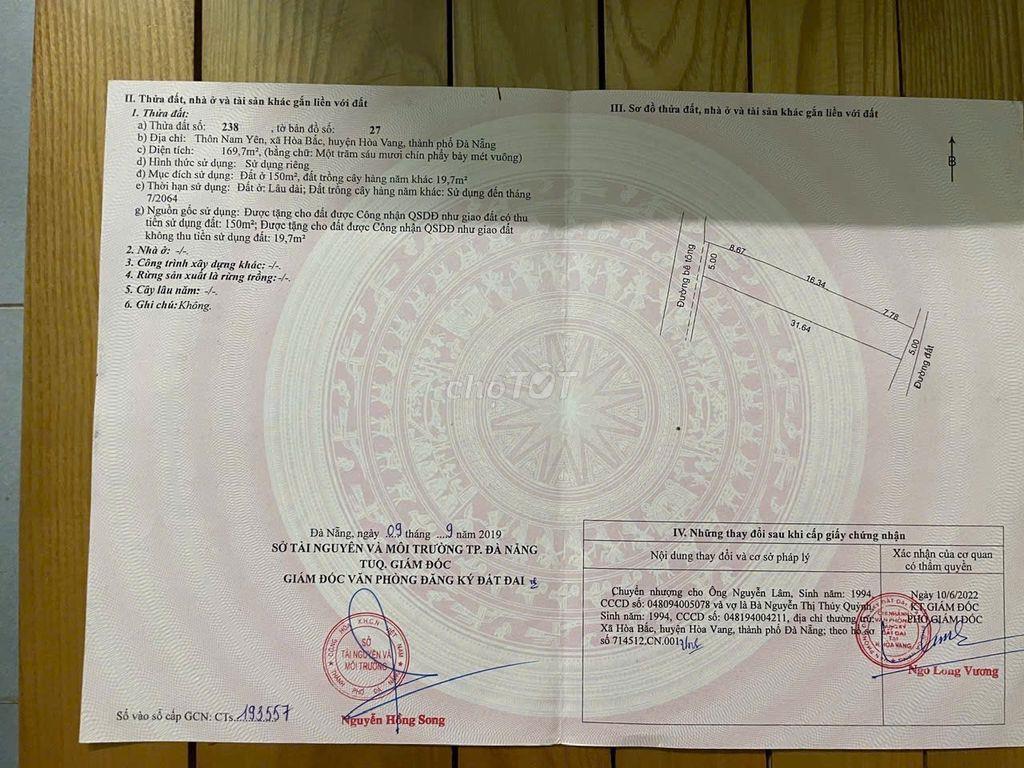 Chính chủ cần bán lô đất, tổ dân phố Nam Yên, Hòa Bắc, Phường Hải Vân
