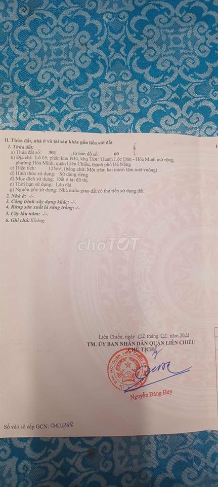 BÁN LÔ ĐẤT 5×25 ĐƯỜNG 15M. HƯỚNG NAM