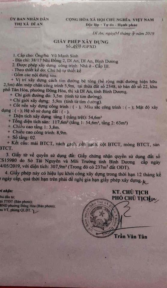 BÁN NHÀ Ở ĐÔNG HOÀ, DĨ AN, TPHCM