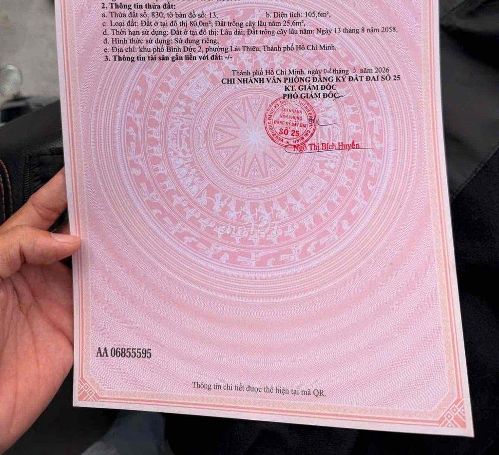 ĐẤT GẦN CHỢ LÁI THIÊU DT 100M ĐƯỜNG Ô TÔ GIÁ 2,97 TỶ